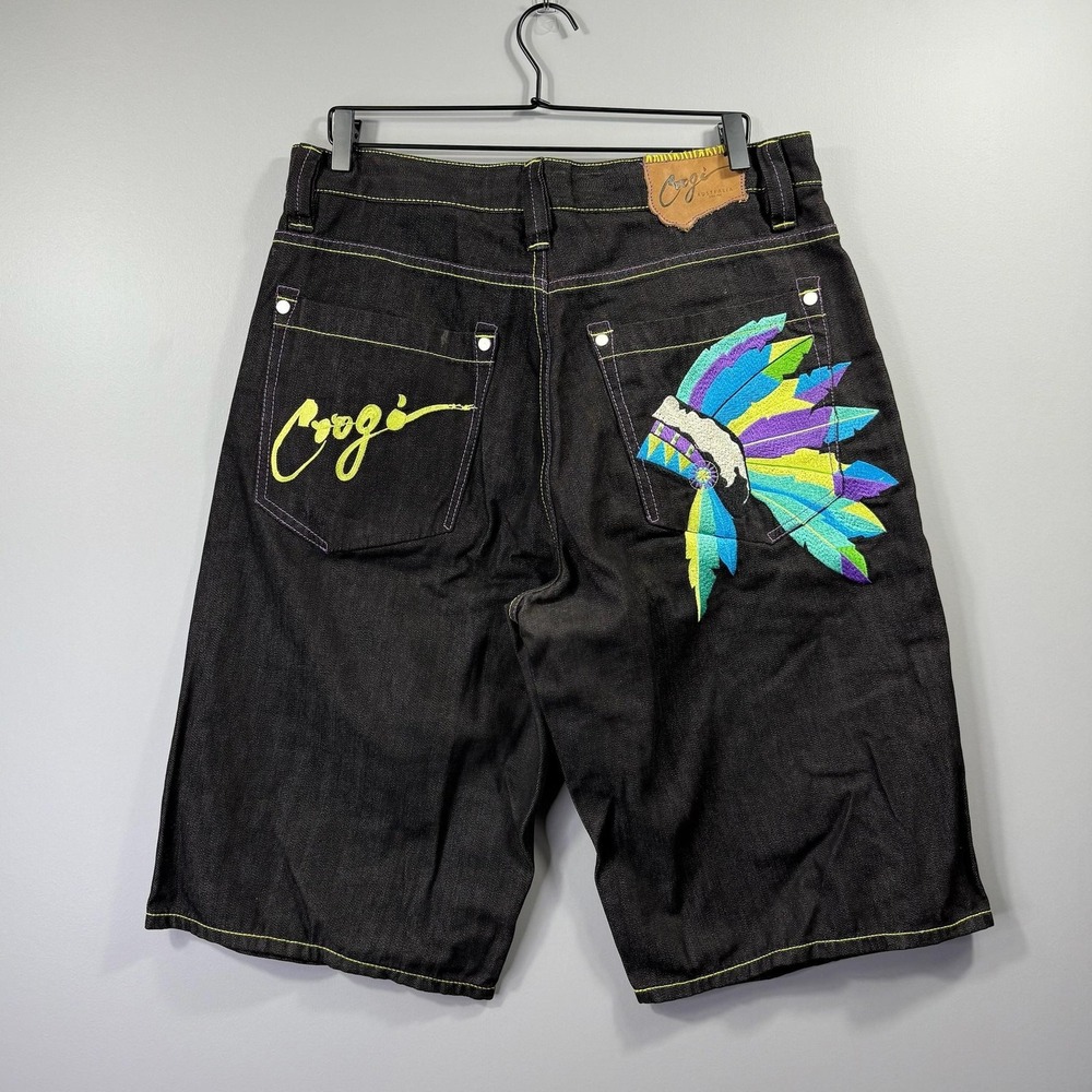 Coogi Shorts Mens 36 Black Denim Bermuda Colorful Embroidered Feather Graphic